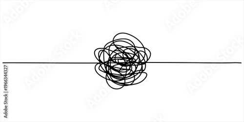A black and white line drawing of a straight line that becomes a tangled mess in the center Vector, illustration