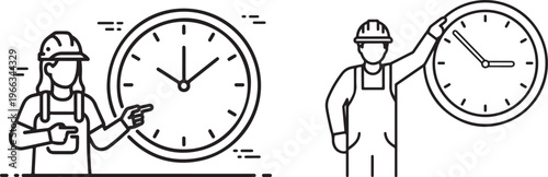 Construction workers standing by giant clock showing project scheduling and working hours.