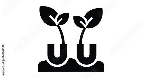 A minimalist black vector graphic illustration depicting two young plant sprouts emerging from the ground, symbolizing growth, new beginnings, and environmental care design concept.