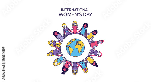 International Women's Day diverse women holding hands around globe illustration