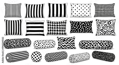 Assortment of Black and White Patterned Decorative Pillows and Bolsters.