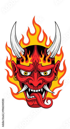 Japanese Oni Demon Mask with Flames and Horns, Tattoos, Scary Face