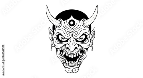 Japanese Oni Mask Illustration, Evil Demon Face, Tattoo Design, Black and White