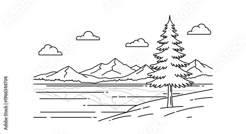 Minimalist black and white line art illustration of a serene mountain landscape with a pine tree, lake, and clouds.