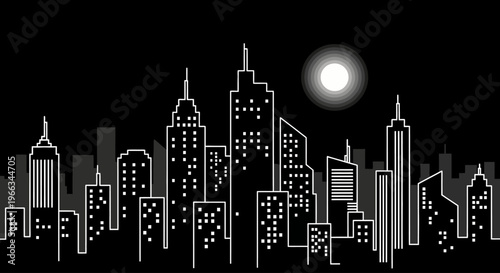 Modern urban city night skyline illustration with illuminated building windows and bright full moon on a dark background