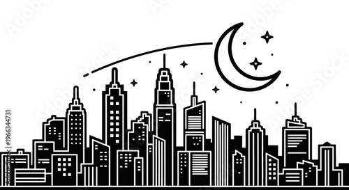 Minimalist Night Cityscape Illustration with Modern Urban Skyline, Tall Buildings, Crescent Moon, and Twinkling Stars