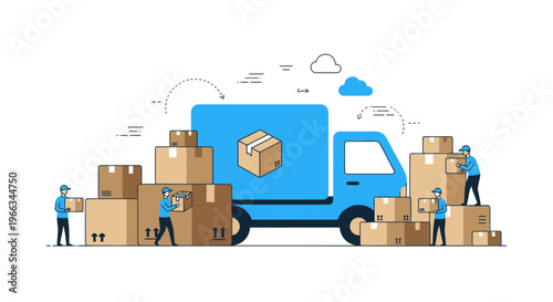 Logistics Delivery Truck with Shipping Boxes and Workers