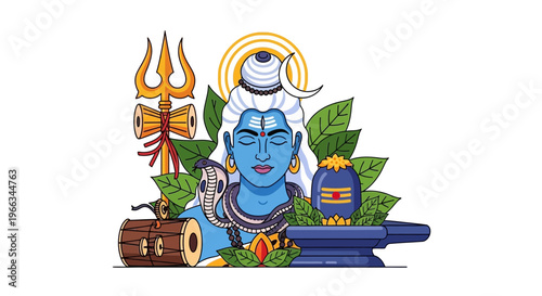 Lord Shiva illustration with trident, damaru, snake, and lingam, Hindu deity