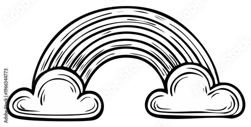 Black and white cartoon drawing of a rainbow with clouds, hand drawn style