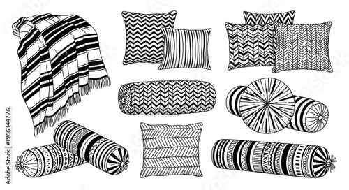 Collection of Black and White Patterned Pillows and Throw Blanket.