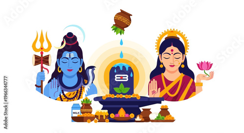 Lord Shiva Lingam Puja with Goddess Parvati, Indian Religious Festival