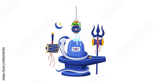 Lord Shiva Lingam with Snake, Trident, Drum, and Crescent Moon