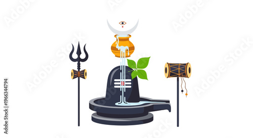 Lord Shiva Lingam with Trishul, Damaru, and Holy Water Offering
