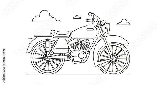 Vintage Classic Motorcycle Line Art Illustration. Retro Two-Wheeler Outline Drawing for Transport, Travel and Hobby Design