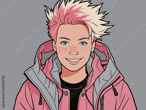 Person with pink hair and jacket smiles against a gray background while looking directly at the viewer