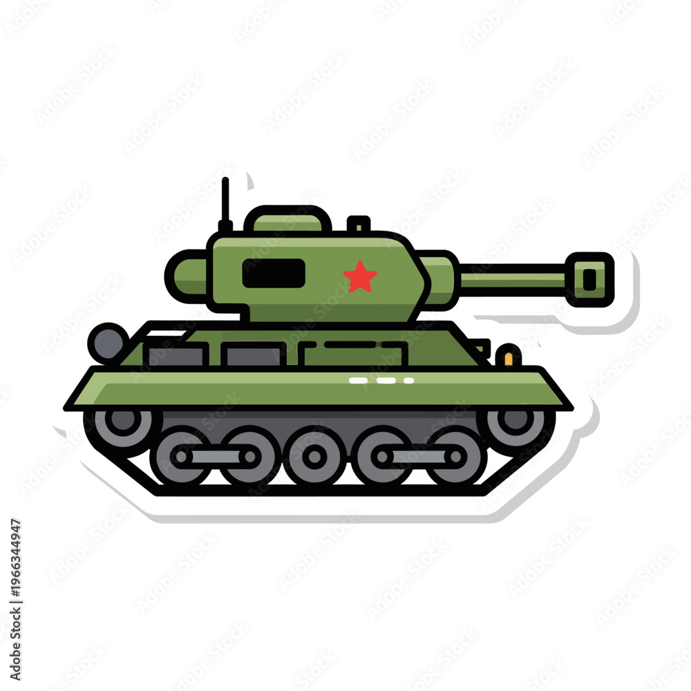 Fototapeta premium Cartoon Military Tank with Red Star Emblem, Vector Illustration
