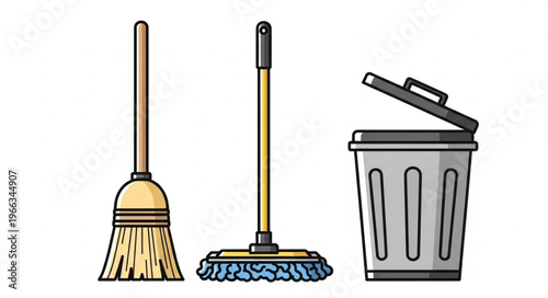 Cleaning Tools - Broom, Mop, and Trash Can Illustration for Hygiene.