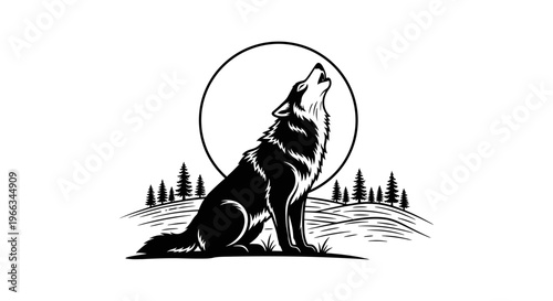 Howling wolf silhouette vector illustration with full moon and pine trees in a wilderness landscape, isolated on white background