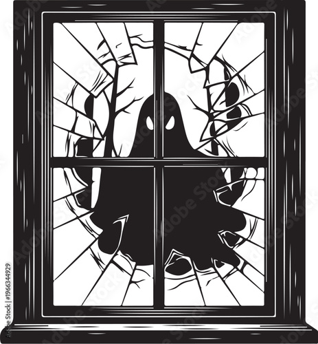 Spooky ghost figure breaking through a window pane suddenly