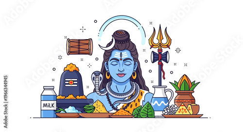 Lord Shiva Worship Elements, Indian Deity Illustration, Hindu Culture