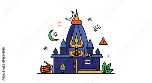 Lord Shiva Temple Illustration with Trishul, Drum, and Crescent Moon