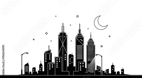 Monochrome City Skyline at Night Illustration with Modern Skyscrapers, Streetlights, Moon, and Stars - Urban Landscape Vector