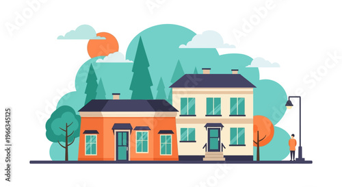 Charming flat design illustration of a cozy neighborhood street with colorful houses, trees, and a person walking in sunlight
