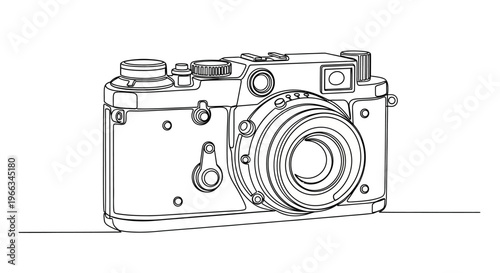 Elegant minimalist continuous line art drawing of a classic vintage analog film camera. Retro photography equipment design.