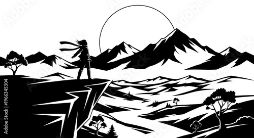 Striking black and white graphic of an adventurer on a cliff overlooking a vast mountain landscape, gazing at the horizon.