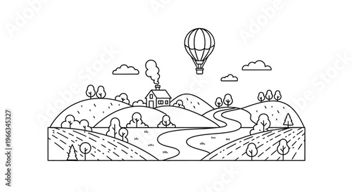 Minimalist line art illustration of a serene countryside landscape with a farmhouse, rolling hills, river, trees, and hot air balloon