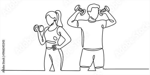 Continuous line drawing of a man and a woman exercising with dumbbells in a gym setting Vector, illustration