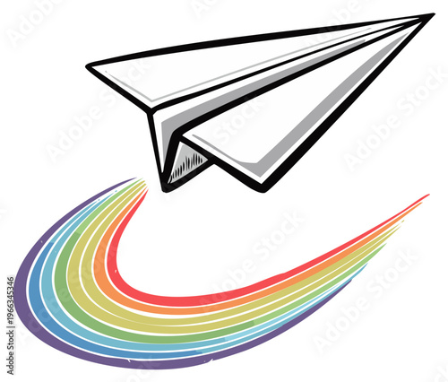 Paper airplane soaring through a colorful rainbow arc symbolizing dreams and aspirations