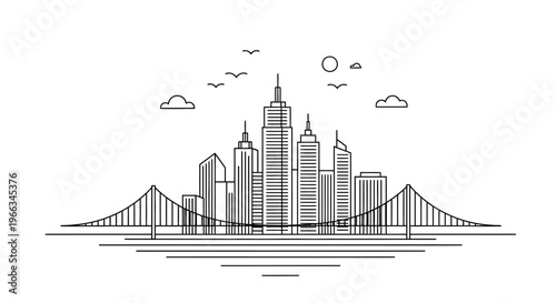 Minimalist black and white line art illustration of a modern city skyline with tall skyscrapers, a suspension bridge, water, and sky.