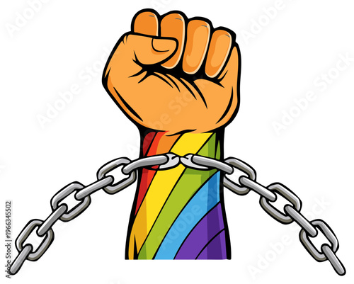 Rainbow arm breaks free from heavy metal chains symbolizing liberation and equality