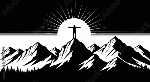 Person standing victoriously on a mountain peak at sunrise, arms outstretched, symbolizing achievement, success, freedom, and adventure in nature.