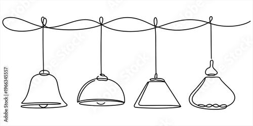 Minimalist continuous line drawing of four various lamp shades hanging from a single wire Vector, illustration