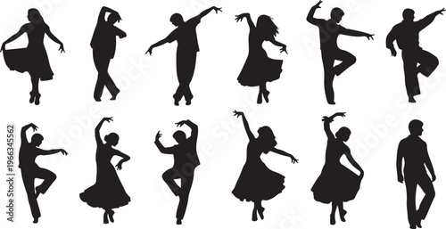 Silhouettes of people dancing in various poses and styles
