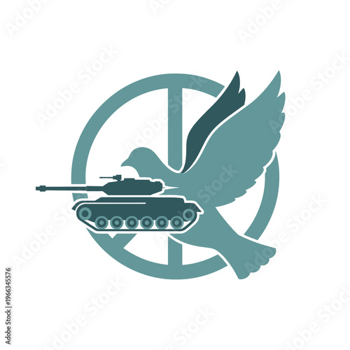 Dove carrying tank over peace symbol, concept of peace and war conflict