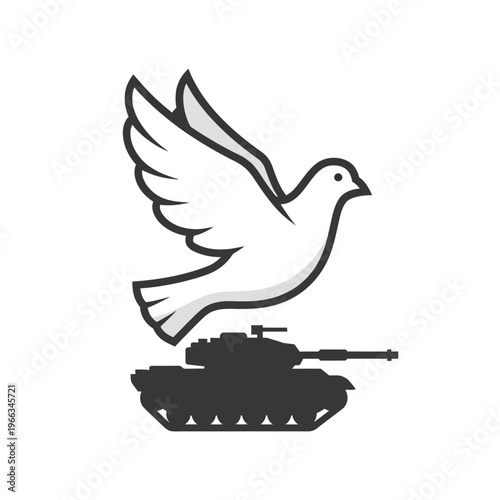 Dove of Peace Flying Over Silhouette of a Tank, Symbolizing Conflict Resolution