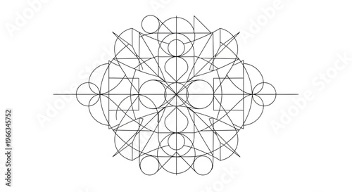 Intricate sacred geometry pattern with symmetrical circles, lines, and shapes on a white background, representing mathematical precision and abstract design.