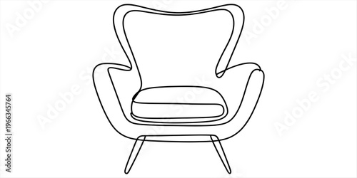Single line drawing of a modern armchair with a wide backrest and thin legs on white background. Vector, illustration