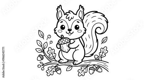 Cute cartoon squirrel holding acorn.
