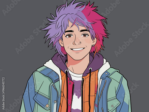 Young person with colorful hair standing against a gray background while smiling and wearing casual clothes