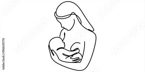 Minimalist continuous line drawing of a mother breastfeeding her newborn baby in her arms Vector, illustration