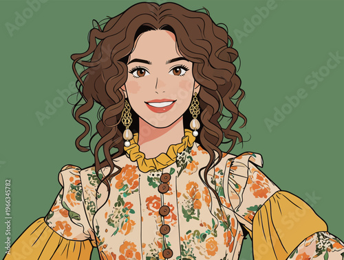 Portrait of a woman with curly hair wearing a floral dress and earrings against a green background in an artistic style