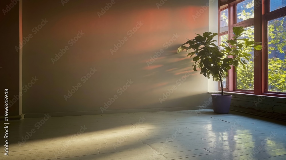Fototapeta premium Empty loft room background with large windows and a potted plant in a peaceful modern interior setting for architectural design portfolio and copy space
