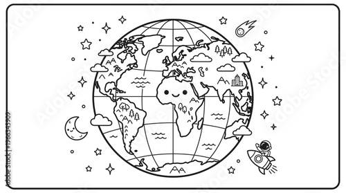 Black and white world globe illustration.