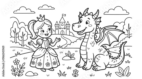 Little girl and friendly dragon standing.