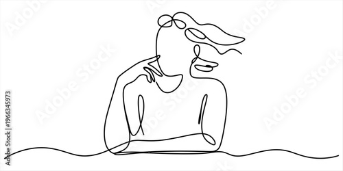 Continuous line drawing of a pensive woman with wind-blown hair resting her chin on her hand Vector, illustration