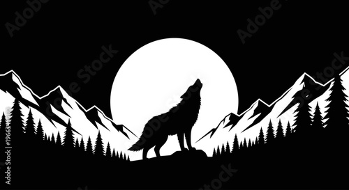 Majestic howling wolf silhouette illustration against a full moon with rugged mountains and pine trees at night